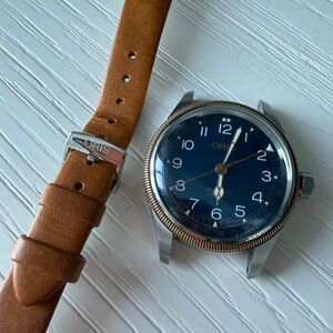 Oris big crown (Blue Dial) pointer date Watch with Tan Leather Strap